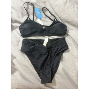 NEW NWT Cupshe SWIMSUIT Women's Medium Black Bikini 2 PC High Waist Cut Out Top